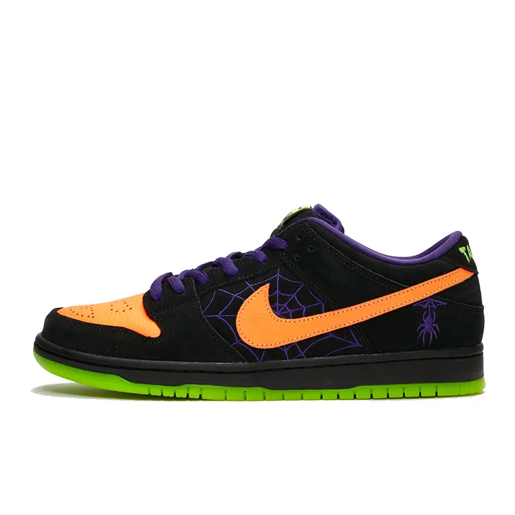 Black sneaker with orange and purple accents on a white background
