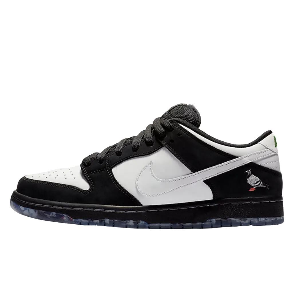 Black and white sneaker with a small logo on a white background