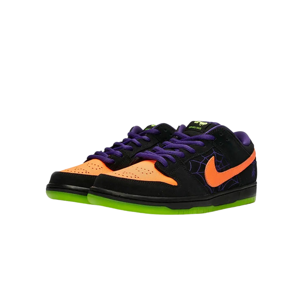 Sneakers with black, orange, purple, and green color scheme on a white background