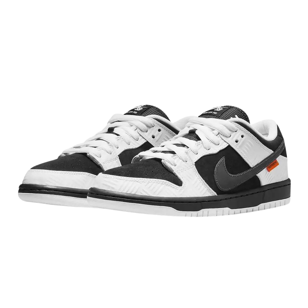 White and black sneakers with a Nike logo on a white background