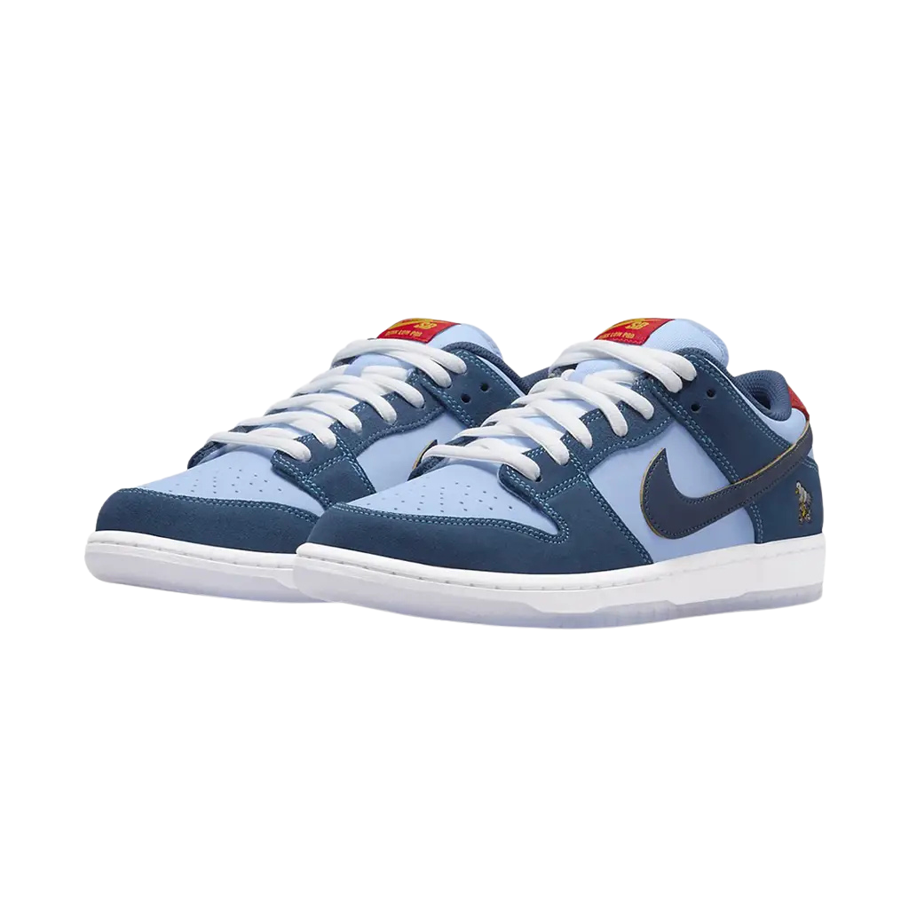 Blue and white sneakers with a Nike logo on a white background