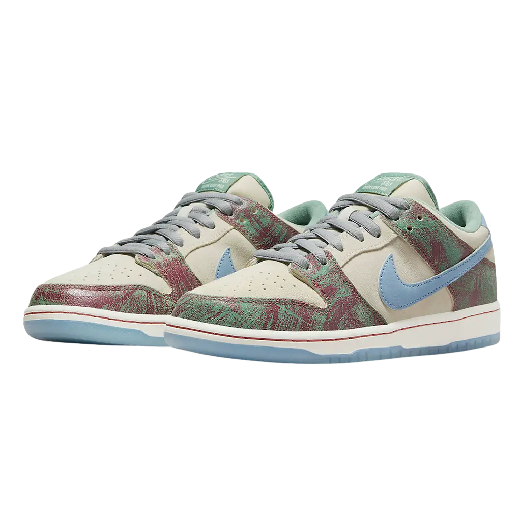 Pair of Nike SB Dunk Low Pro sneakers with a patterned design on a white background