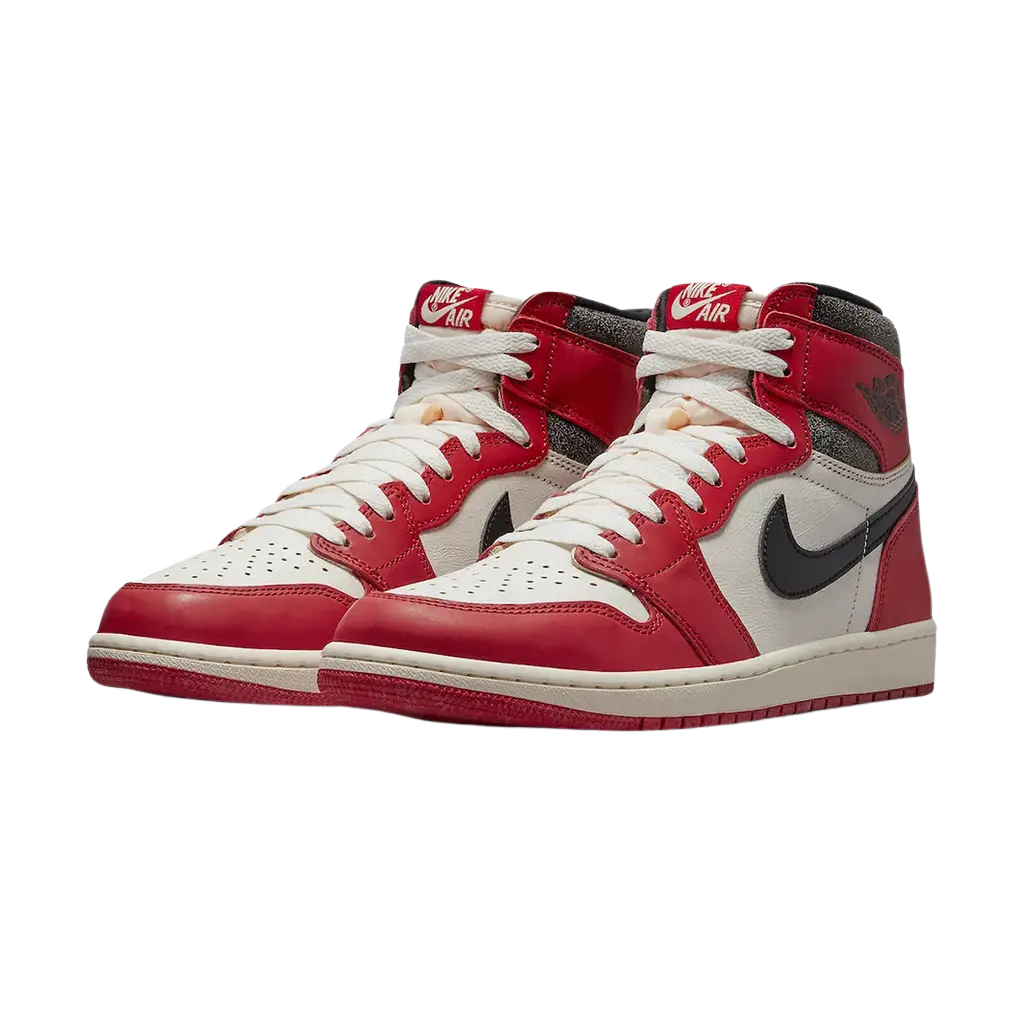 Red and white sneakers with a black Nike logo on a white background