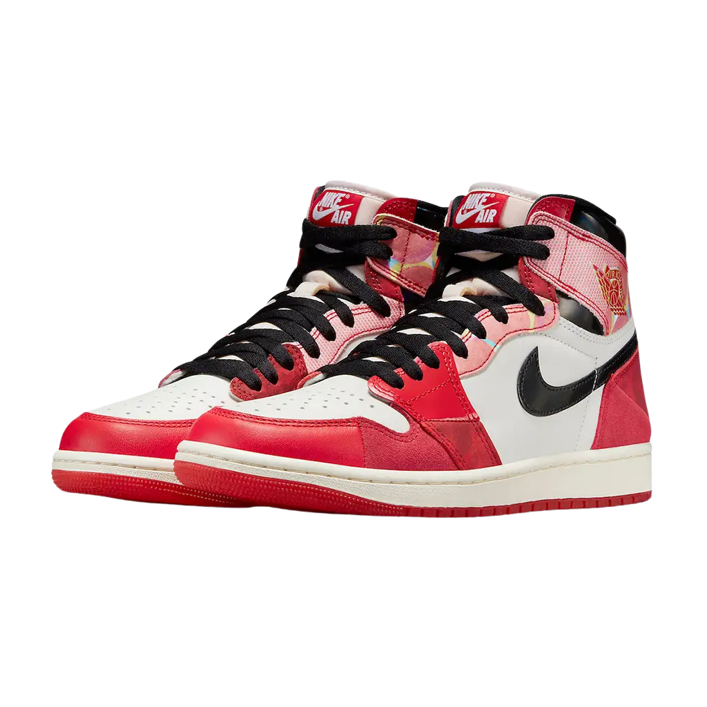 Red, white, and black sneakers with a prominent Nike logo on a white background