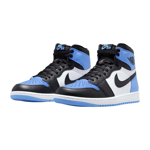 Pair of black, white, and blue sneakers on a white background