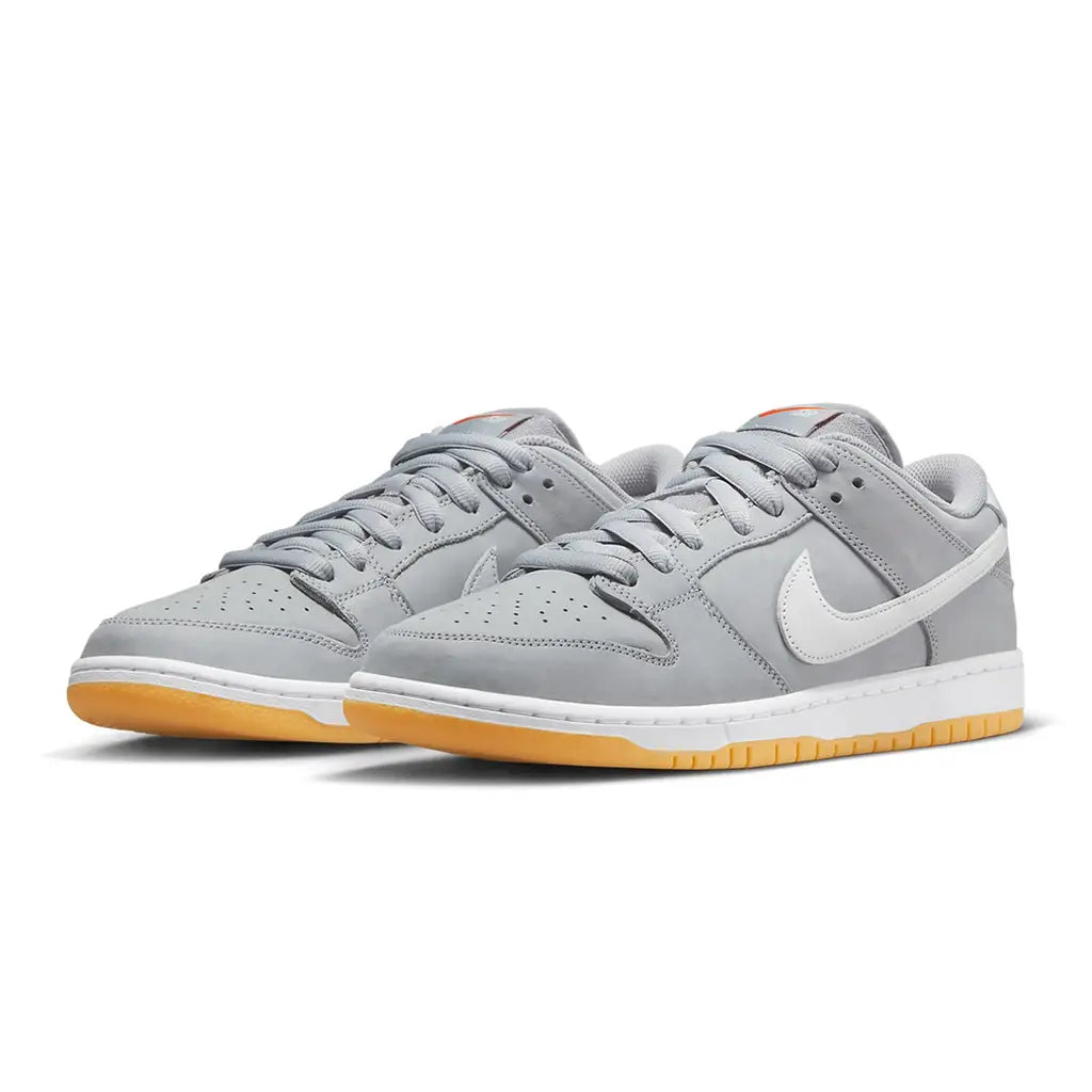 Gray sneakers with a white logo on a white background