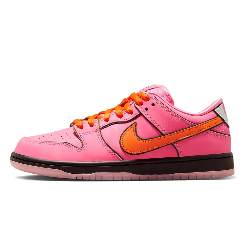 Pink sneaker with orange swoosh logo on a white background