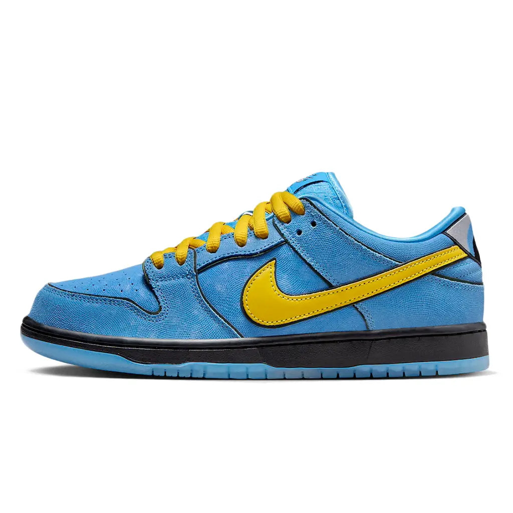 Blue and yellow sneaker with a prominent Nike logo on a white background