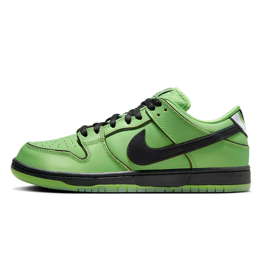 Green sneaker with black swoosh logo on a white background